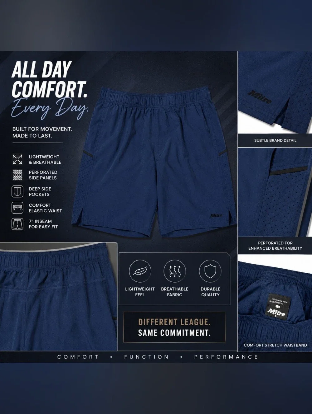 Mitre Men’s Navy Athletic Shorts – Lightweight Breathable Performance